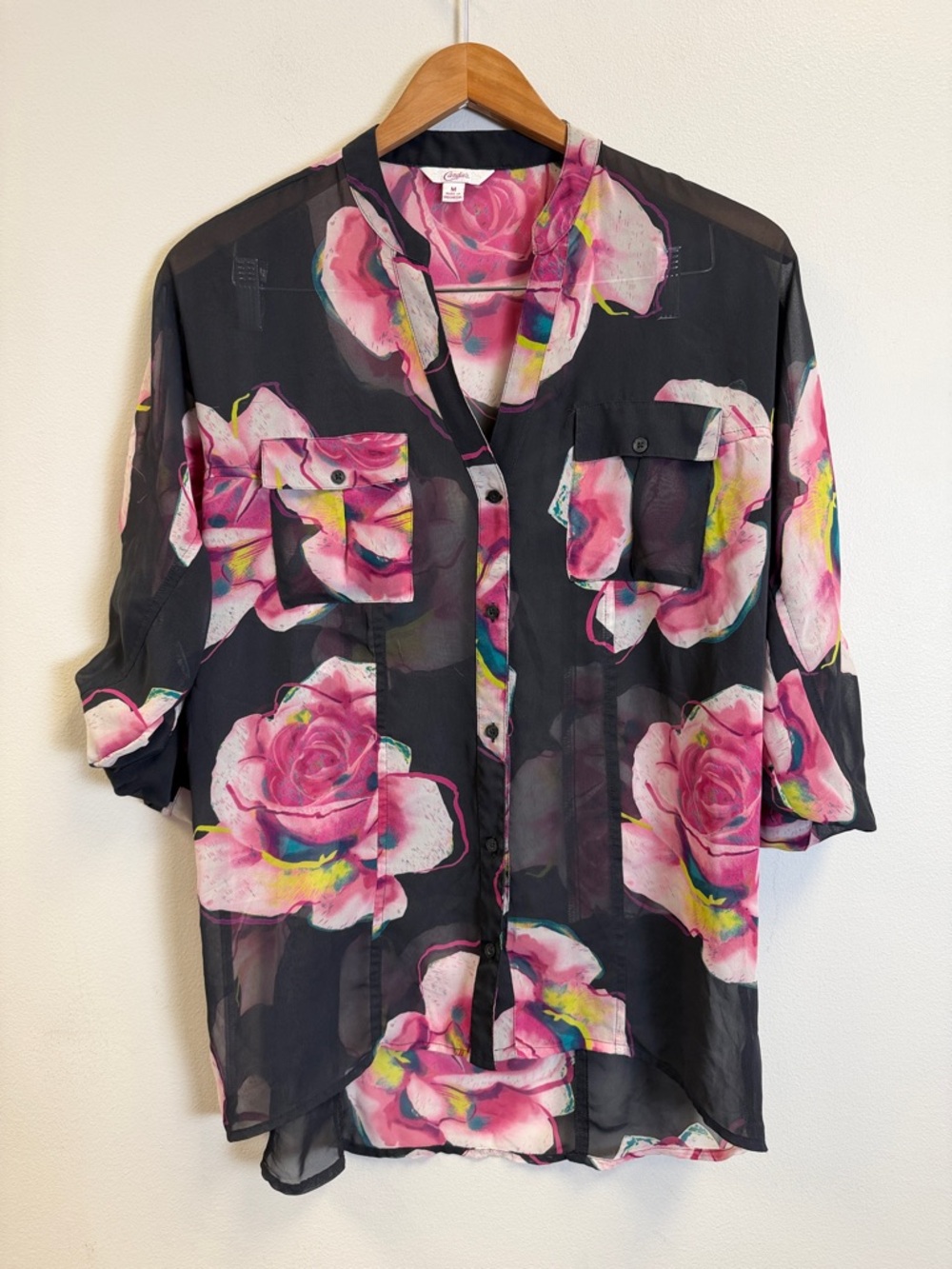 Candie's Pink and Black Floral Sheer Blouse